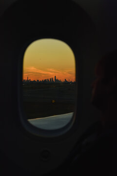 East River and Manhattan Skyline with Sunrise as seen from a Plane, New York City, USA