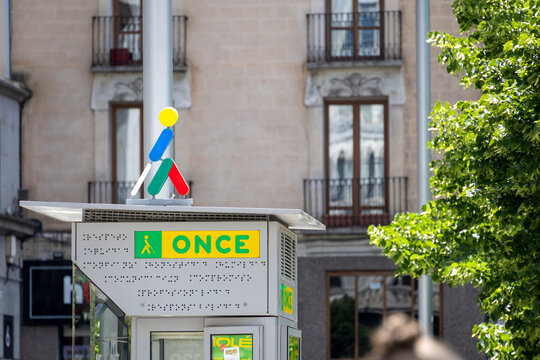 Zaragoza, Spain - May 15, 2026: Close up of the ONCE logo and sign on a street kiosk