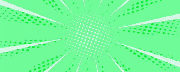 Fototapeta premium A bright anime background with bright speed lines radiating from the center. Green comic book with dramatic motion effects and retro cartoon graphic design.