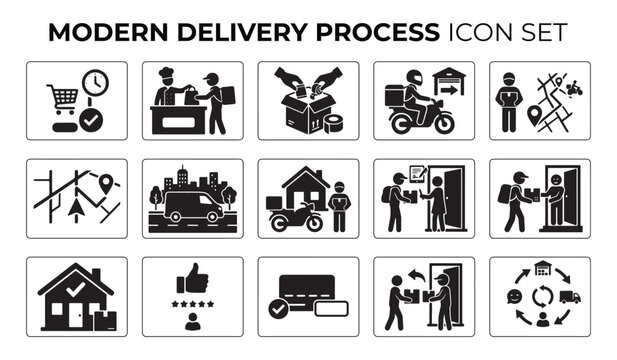 Modern delivery process icon set showing logistics and shipping service symbols