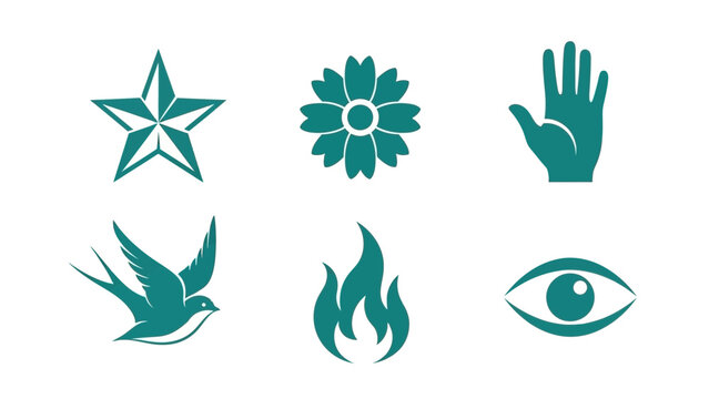 Set of 6 Teal Icons: Star, Flower, Hand, Bird, Fire, Eye on White Background