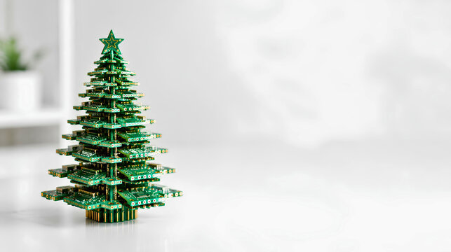 Miniature Christmas tree shape constructed entirely from green electronic circuit boards