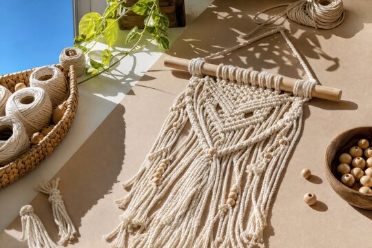 Handmade macrame wall hanging on wooden dowel surrounded by cotton cord spools and wooden beads on craft paper workspace in bright natural sunlight, creative bohemian DIY home decor concept