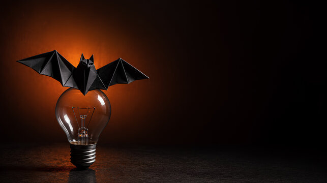 Sharp black origami bat perched on a glass lightbulb against an orange backlight