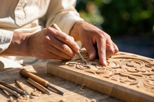 Artisan hands of experienced craftsman carving intricate floral patterns on wooden block with chisel in outdoor workshop, focused traditional woodwork concept, close-up shot with soft natural light.