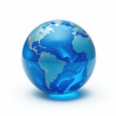 Fototapeta premium Blue globe depicts Earth. Continents visible, reflecting light. Simple design, isolated on white background. Represents world, geography, planet.