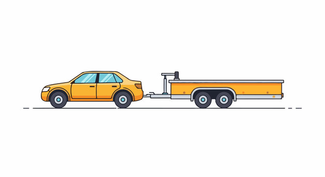 Yellow car towing a flatbed trailer with two axles
