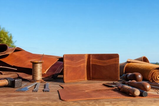 Leather wallet standing open on rustic wooden workbench surrounded by crafting tools and leather rolls under clear blue sky, authentic artisan workshop concept.