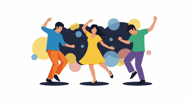 Three people dancing joyfully amidst colorful abstract circles and dark background