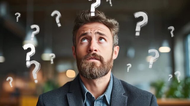 A businessman with a beard sits in an office with question marks floating above his head while looking up with curiosity and thought
