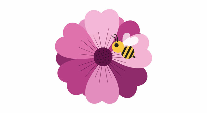 Stylized pink flower with a buzzing bee collecting nectar