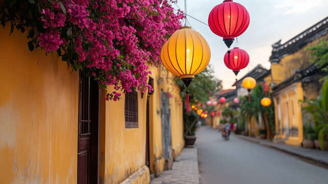 Ai Colorful lanterns and blooming flowers decorate a quiet street in Hoi An during the evening hours