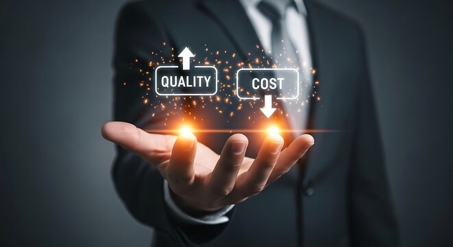 Businessman's hand holding digital representations of "Quality" and "Cost" with arrows