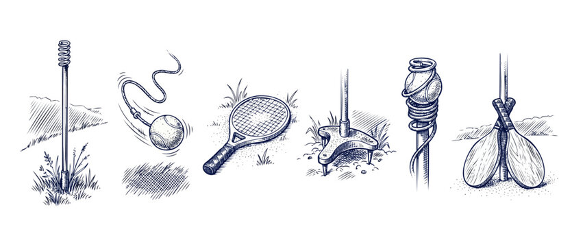 Tetherball swingball set vintage illustration showing paddles, rackets, spiral pole base, ground spike anchor, and ball in motion on cord for outdoor backyard garden games, retro engraving art design.