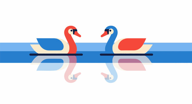 Two stylized swans, one red and one blue, glide on blue water