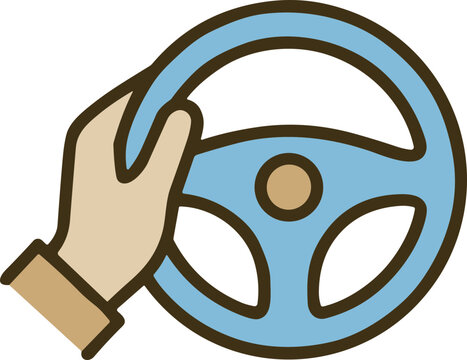 Hand holding steering wheel, driving concept icon, cartoon style