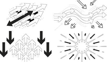 Obraz premium Black and White Vector Arrow Icon Set with Diverse Dynamic Directional Symbols for Infographics Flowcharts Business Presentations and UI Designs