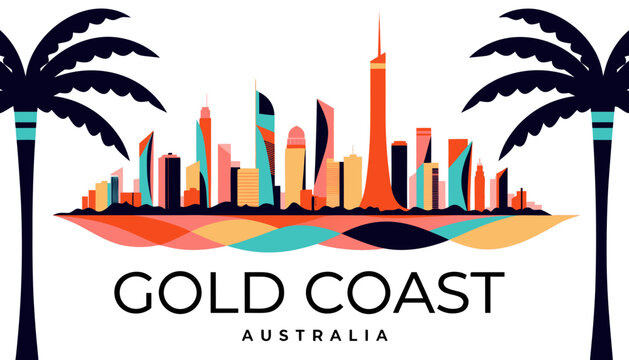 Vector illustration of Gold Coast skyline in colorful silhouette, with &ldquo;GOLD COAST&rdquo; text, on white background, modern city identity and tourism design