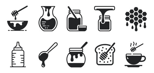 Honey icon set, honey jars honeycomb dipper and toast with honey spread food beverage vector illustration © vision Alamin vai A