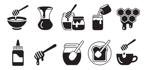 Honey icon set, honey jars honey dipper honeycomb and toast spread food concept vector design © vision Alamin vai A