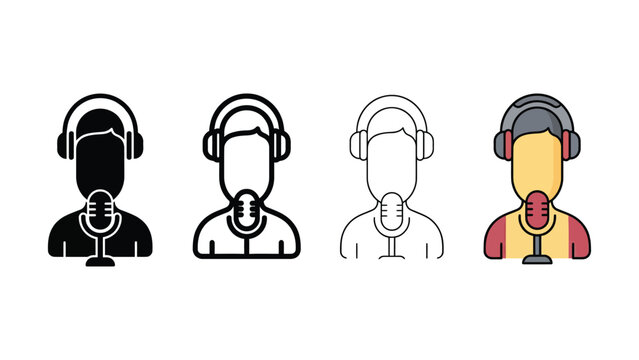 Podcaster Icon Set Four Variations Black Outline And Color Flat Vector Illustration
