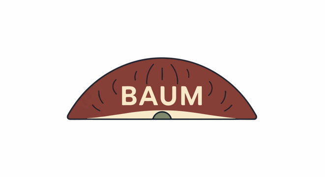 Stylized brown abstract shape with cream-colored text reading "BAUM" in center