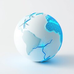 Obraz premium Cracked globe illustration. Blue light emanates from fissures, suggesting fragility, damage, potential disaster. Minimalist style, white background.