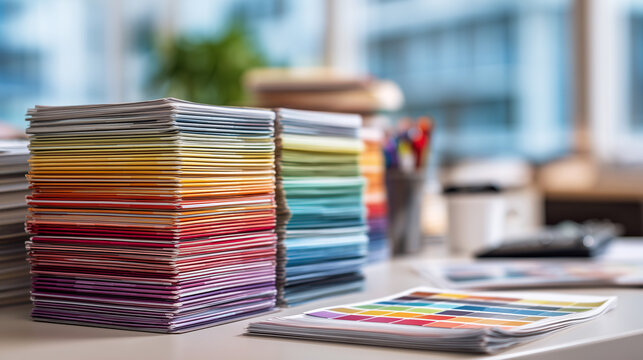 colorful notebook stack and print color swatch on creative office desk in modern design studio workspace