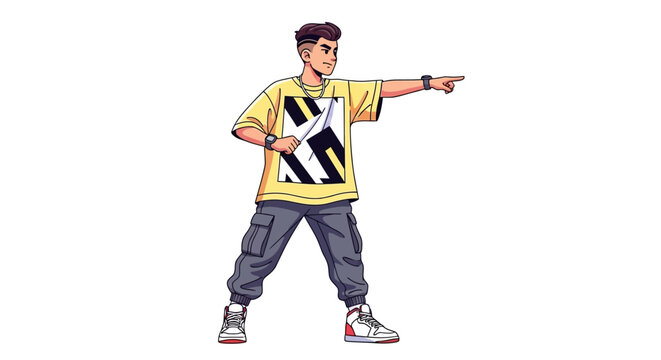 Confident Young Man Pointing in Urban Style Cartoon Illustration