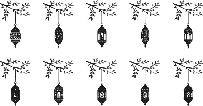 Hanging Ramadan Lantern Silhouette Icon Set on Tree Branches with Crescent Moon and Star Cutouts for Islamic Holiday Graphic Designs