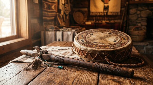 Native american drum and shaman rattle on wooden table indoors