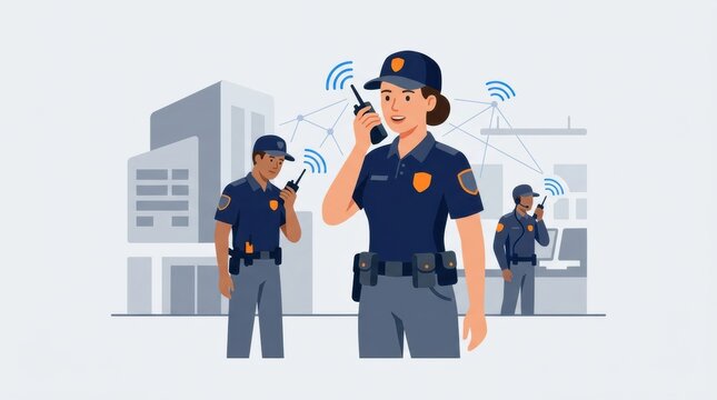 Security guard speaks into a radio while coordinating with other team members in an urban location during daytime.