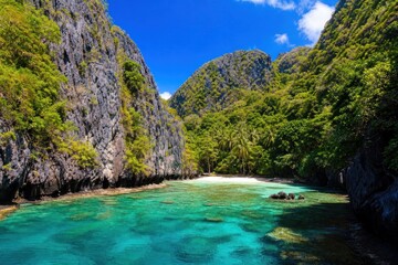 Turquoise lagoon water framed by steep limestone cliffs and lush tropical jungle under sunny blue sky, scenic exotic travel destination. © Studio