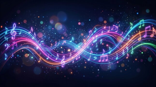 Vibrant musical notes in colorful neon lights on a dark background