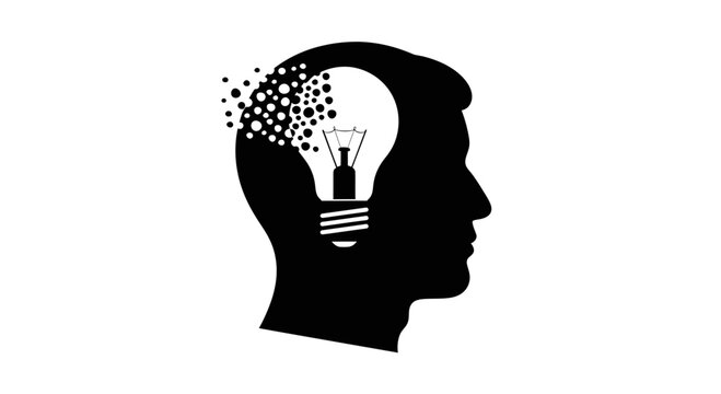 Human head profile combined with a lightbulb symbolizes the creative spark of innovation, intellectual discovery, and the complex process of generating new ideas within the mind.