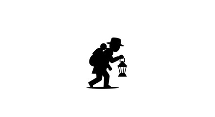 Fototapeta premium Explorer silhouette carrying a backpack and holding a lit lantern depicts the spirit of adventure, discovery, and the search for knowledge in dark or unknown environments.