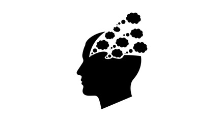 Human head profile silhouette features floating bubbles to represent the complex process of thinking, brainstorming, or the abstract nature of cognitive thoughts and mental processes. © Liceng