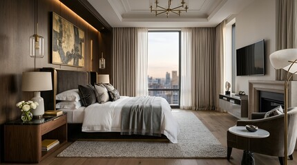Fototapeta premium Luxurious Bedroom with City View, Elegant Interior Design, Comfort, Modern Living