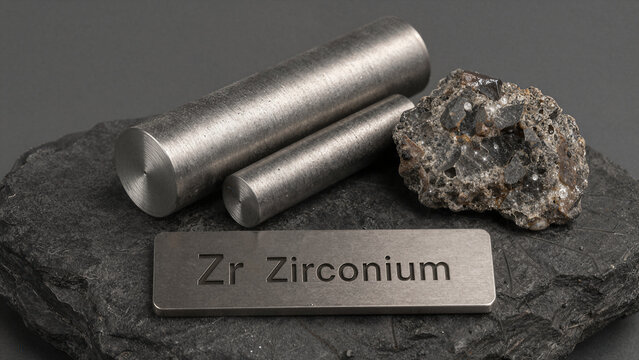 Zirconium metal pieces and ore on a dark stone surface showing raw metal in different shapes and sizes with a label