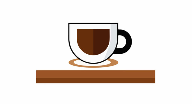 Stylized double-walled glass cup of dark coffee on a saucer and wooden bar