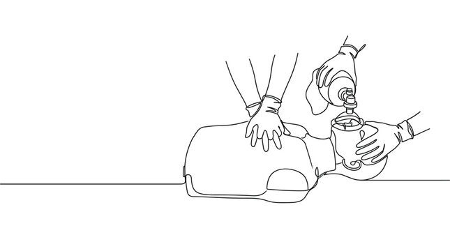 Continuous line drawing of hands performing CPR and using a bag valve mask on a medical training dummy, isolated on a clean white background