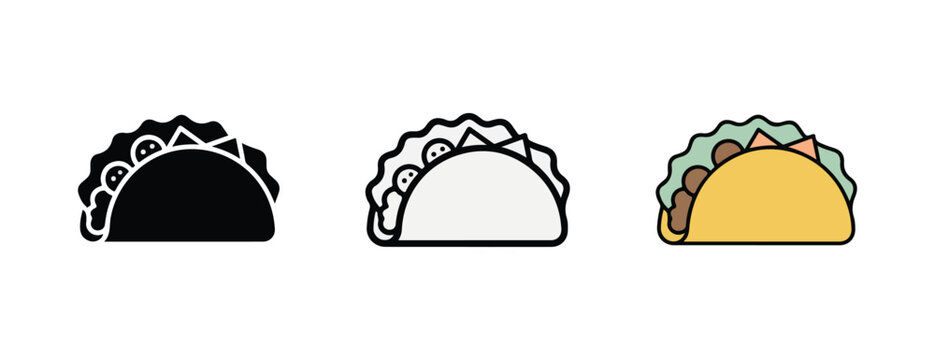 simplified icon representations of a taco in silhouette outline and colorful fill styles isolated on a transparent background for digital use and design projects