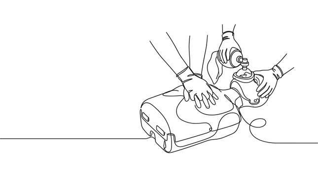 Continuous line drawing of hands performing CPR on a medical dummy with an oxygen mask, on a clean white background