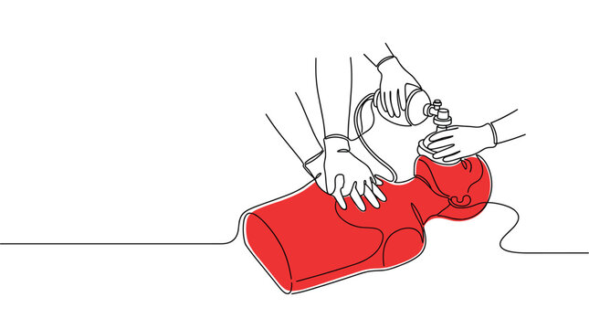 Two hands in gloves performing CPR and using a bag valve mask on a red dummy in a continuous line drawing style on a white background