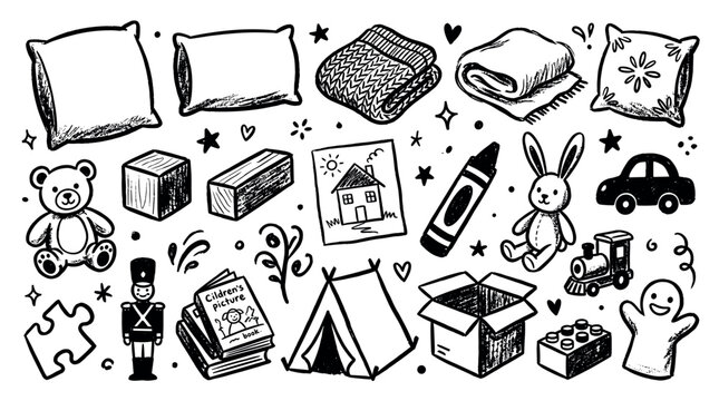 Collection of hand-drawn black and white children's toys and items, including pillows, blankets, a teddy bear, blocks, a house drawing, a crayon, a bunny, a car, a train, a puzzle piece, a