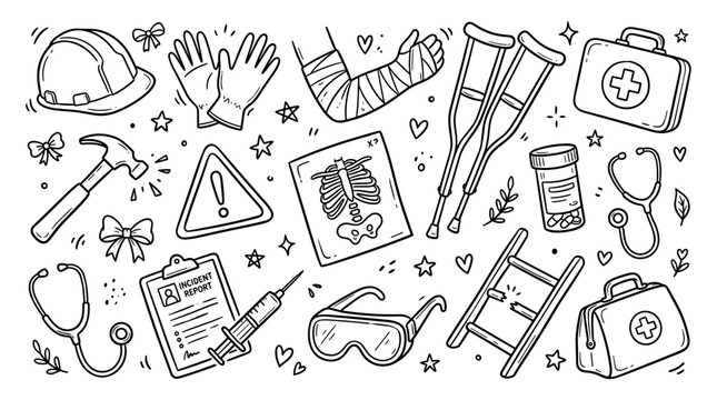 Various hand-drawn medical and safety items including a hard hat, crutches, first aid kit, and broken ladder, on a clean white background