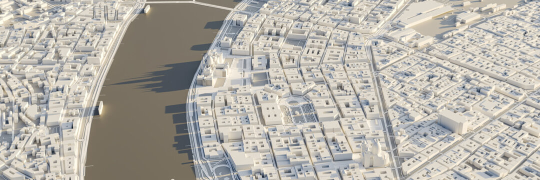 3D rendering of the Budapest city plan. 3D illustration of an aerial view of Budapest, Hungary.