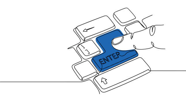 Single continuous line drawing of a finger pressing the blue Enter key on a computer keyboard, isolated on a white background