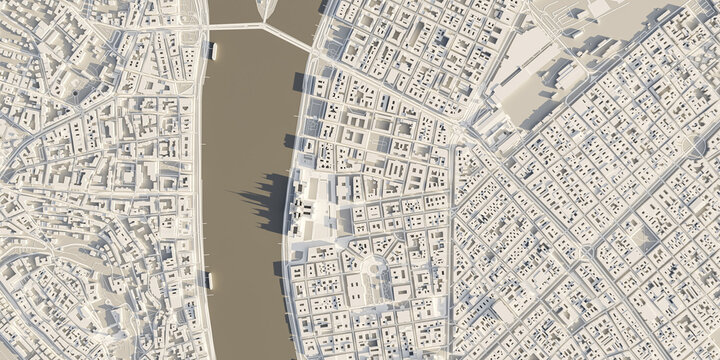 3D rendering of the Budapest city plan. 3D illustration of a top view of Budapest, Hungary.