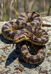 Fototapeta premium Wild Snake Coiled on Rock, Tongue Flicking, Natural Habitat